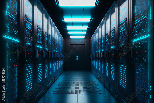 Dark servers data center room with computers and storage systems and blue glowing elements. Generative AI Imagery