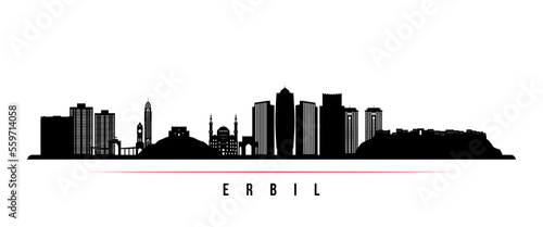 Erbil skyline horizontal banner. Black and white silhouette of Erbil, Iraq. Vector template for your design.