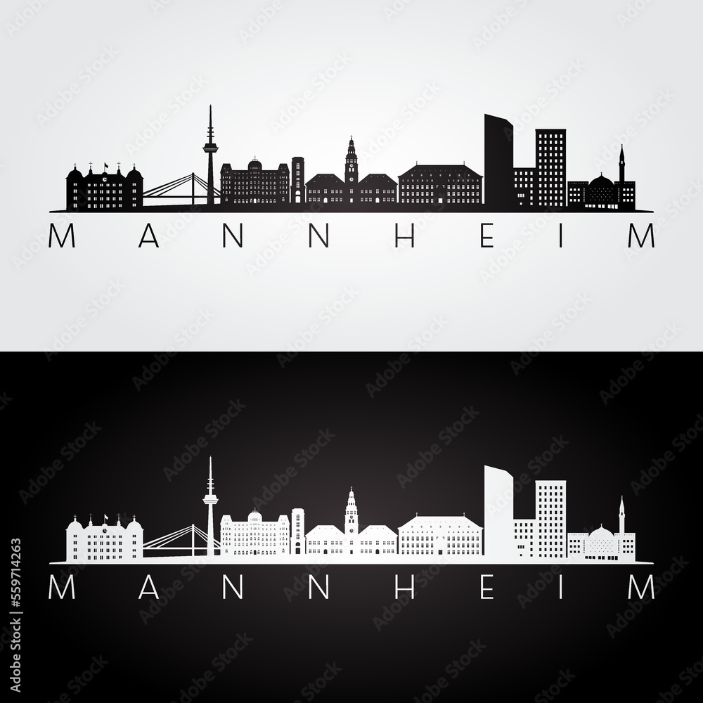 Mannheim skyline and landmarks silhouette, black and white design, vector illustration.