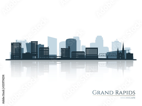 Grand Rapids skyline silhouette with reflection. Landscape Grand Rapids, Michigan. Vector illustration.