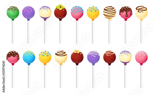 Cake pop, colorful sweet cookies on sticks isolated vector set. Caramel, chocolate, vanilla bakery decorated with sprinkles, icing and topping. Sweets for birthday celebration, lollipop confectionery