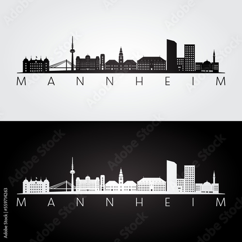 Mannheim skyline and landmarks silhouette, black and white design, vector illustration.