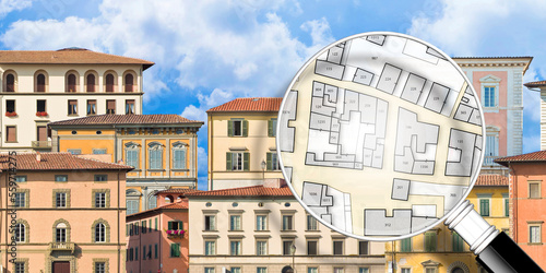 Register old buildings at buildings cadastre for taxation - Land registry concept with an imaginary cadastral map of territory and old italian historic buildings photo