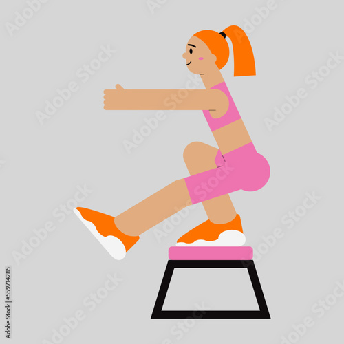 Woman in gym single leg doing squat exercise. Flat female character at glute routine workout in trendy neon sportwear suit. Minimal vector illustration for healthy graphic design.