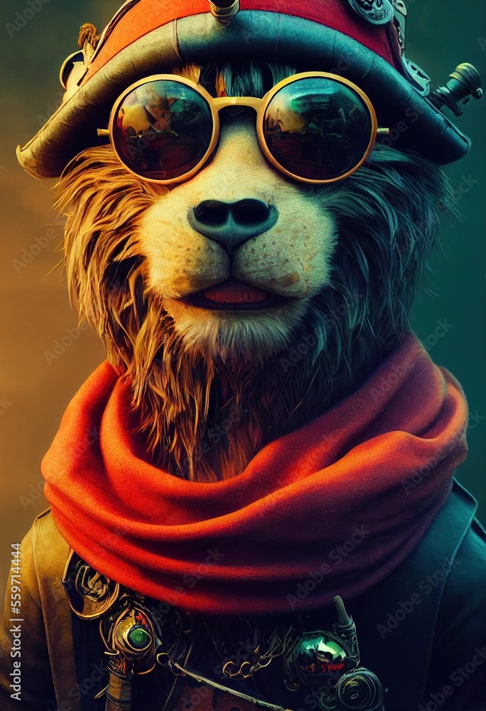 Obraz premium Portrait of a funny Pirate Lion. Generative AI