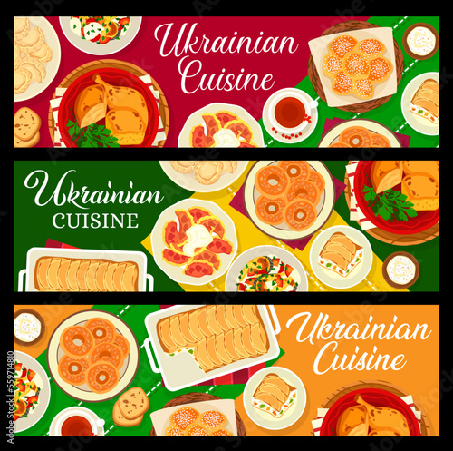 Ukrainian cuisine food vector banners with meat vegetable dishes and cheesecake dessert. Baked chicken and fish casserole with noodle pudding and sweet donuts, cheese and cherry dumplings, bagels