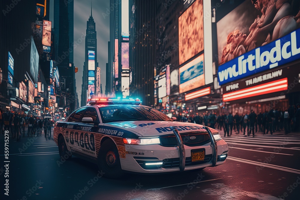 Obraz premium Police car with their lights on in a modern street. Generated by AI.
