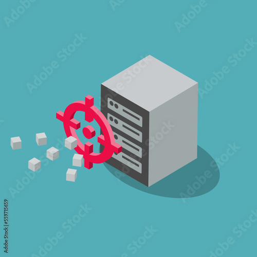 DDoS attack symbol with a gunsight and a target server. Flat design, easy to use for your website or presentation.