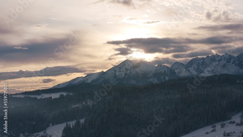 FIXED Establishing shot  view of beautiful Tatra mountain range on a Poland and Slovakia border before sunrise