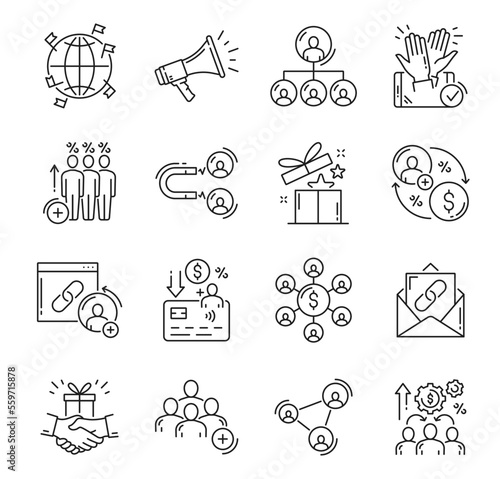 Affiliate and referral program outline icons. Affiliate marketing strategy  customers network and sales management  referral bonus line icons  loudspeaker  people  gift box and money pictograms