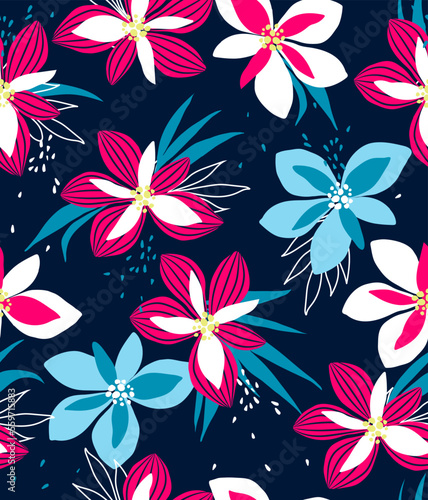 seamless pattern Exotic hawaiian tropical flowers and palm on blue background artwork for fabrics  souvenirs  packaging