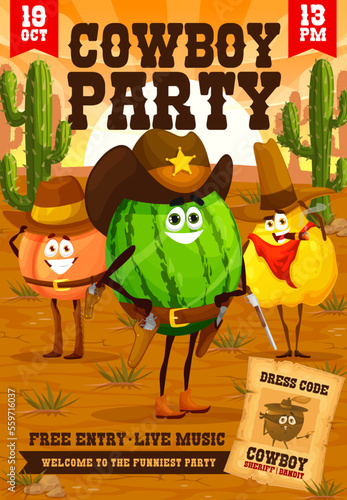 Fotografie Western kids party flyer, cartoon fruit cowboy, ranger, sheriff and robber characters