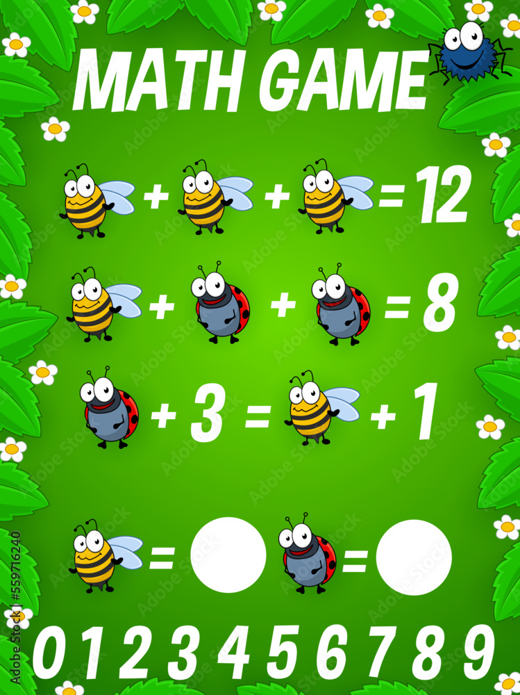 Math game worksheet. Cartoon funny insects. Cheerful bumblebee or bee, ladybug and spider cute characters on kids mathematical quiz, addition playing activity vector page or children puzzle game Math game worksheet. Cartoon funny insects. Cheerful bumblebee or bee, ladybug and spider cute characters on kids mathematical quiz, addition playing activity vector page or children puzzle game