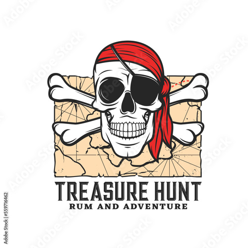 Treasure hunting icon with skull. Pirate adventure, buccaneer and corsair nautical travel retro emblem, retro icon with Jolly Roger crossed bones and human skull in bandana, eye patch and treasure map