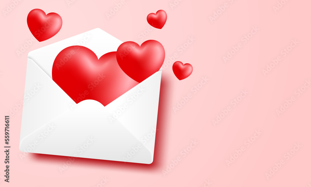Love Happy Valentine's day background illustration. Beautiful pink background with realistic heart emerges from the envelope