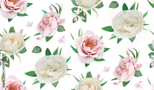 Floral seamless pattern, textile fabric, background. Beautiful ivory white rose flower, pink peony, green eucalyptus leaves bouquet. Tender vector art illustration. Wedding invite, greeting decoration