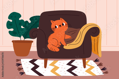 Cat sleeps in living room. Cute red kitten sitting in chair with blanket. Funny little pet in cozy apartment interior. Playful animal in sofa. Carpet and houseplant. Garish vector concept