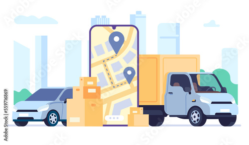 Delivery service in mobile app. Order shipping by automobile. Smartphone application. Truck cargo shipment. Cardboard boxes. Map with location icons. Freight distribution. Vector concept