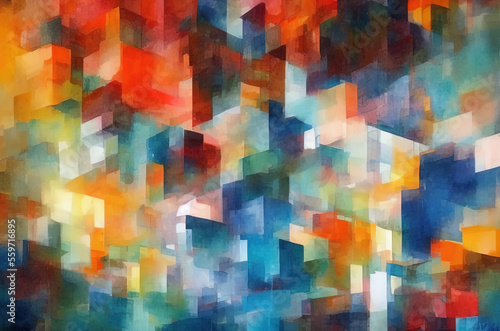 Watercolor background with many colorful squares objects . Generative AI