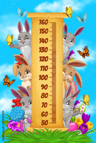 Kids height chart, Easter bunnies and egg hunting, vector growth measure. Kids tall measuring or baby scale ruler with cartoon Easter eggs and cute bunny rabbits, spring flowers and butterflies
