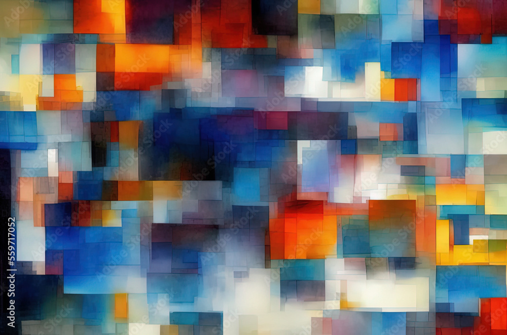 Watercolor background with many colorful squares objects . Generative AI