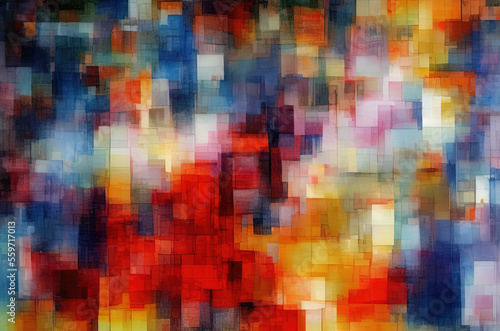 Watercolor background with many colorful squares objects . Generative AI