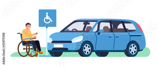 Disabled man in parking of car. Auto place for handicapped owners. Male in wheelchair driving automobile. Urban traffic. City accessibility. Driver with disabilities. Vector concept
