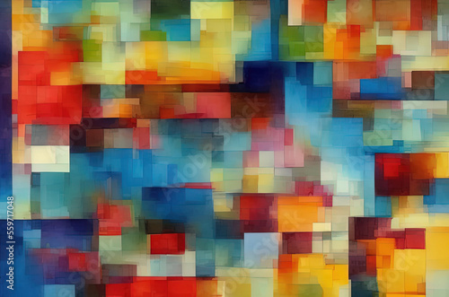 Watercolor background with many colorful squares objects . Generative AI