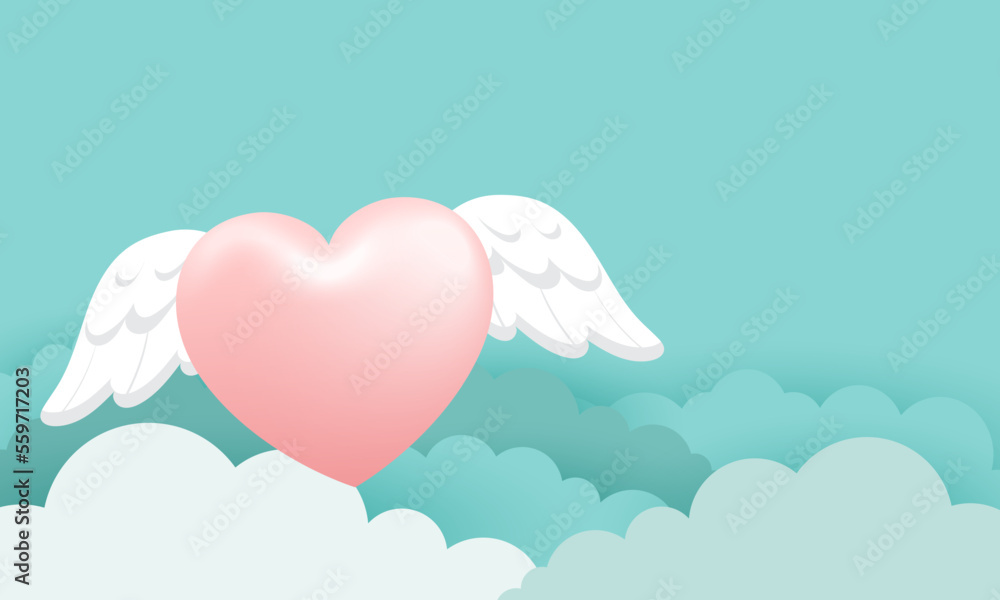 Love Happy Valentine's day background illustration. Beautiful Turquoise background with realistic big flying heart and wings Love Happy Valentine's day background illustration. Beautiful Turquoise background with realistic big flying heart and wings