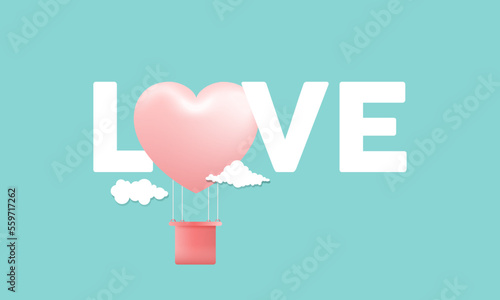 Love Happy Valentine's day background illustration. Beautiful Turquoise background with realistic big heart air balloon