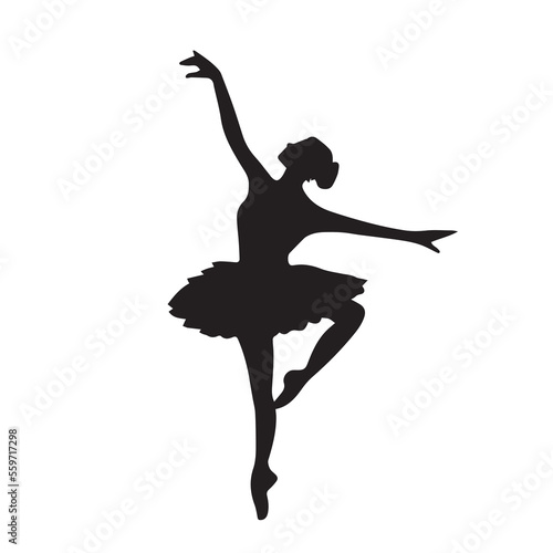 Female young adult ballerina ballet dancer pose with black color isolated on plain white background. Simple flat drawing decoration for sport or performing arts themed artwork.