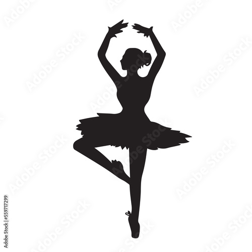 Female young adult ballerina ballet dancer pose with black color isolated on plain white background. Simple flat drawing decoration for sport or performing arts themed artwork.