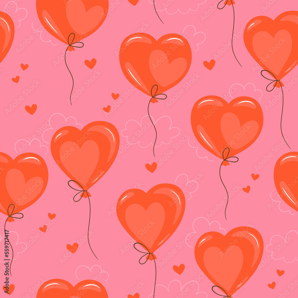 Seamless pattern with heart-shaped balloons. Vector graphics.