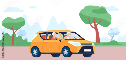 Elderly people traveling by car. Senior family road trip. Grandparent driving automobile. Adventure journey. Auto tourism. Mountain landscape. Summer outdoor vacation. Vector concept