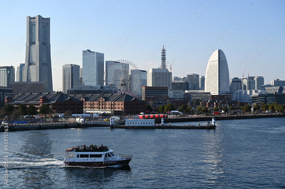 正月の横浜の横浜大さん橋からの風景