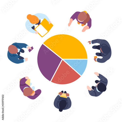 Group of business and office people around chart. Circular infographic top view. Organization graph structure with pie sectors. Men and women team. Financial report. Vector concept