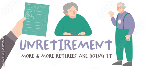Unretirement concept. Old man and woman have a new job. Horizontal poster.