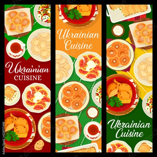 Ukrainian cuisine food banners of meat, fish and vegetable vector dishes with dessert. Cheese and cherry dumpling vareniki, baked chicken, noodle pudding and veggie casserole, cheesecake, bagel, donut