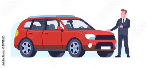 Happy man in suit next to car. Salesman or owner of new vehicle. Standing happy male. Auto dealer. Transport purchase. Rent automobile or carsharing. Urban transportation. Vector concept
