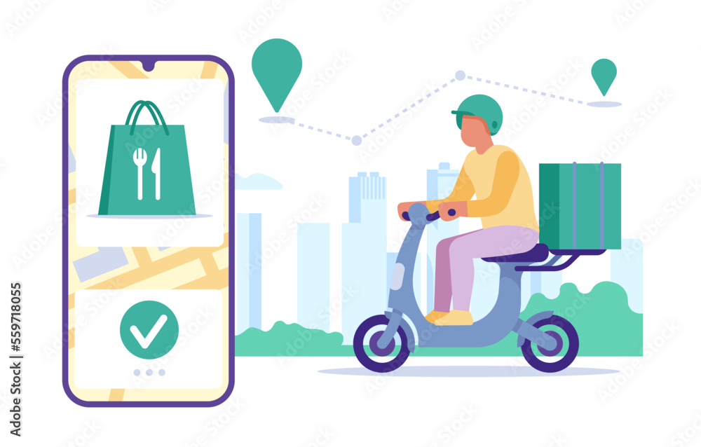 Mobile app for food delivery. Courier riding scooter. Man with delivering box. Meal shipping. Smartphone application. City navigation map with location and traffic route. Vector concept Mobile app for food delivery. Courier riding scooter. Man with delivering box. Meal shipping. Smartphone application. City navigation map with location and traffic route. Vector concept