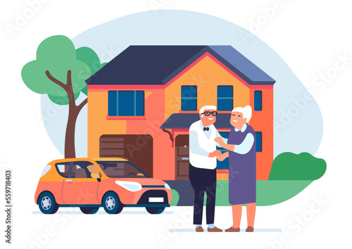 Old couple with house. Senior family in front of mansion. Home and car. Grandparents townhouse. Elderly people happiness. Residential building. Retired wife and husband. Vector concept