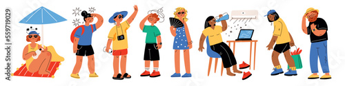 People suffer from heat. Global warming. Weather hot temperature. Sunstroke probability. Increased sweating. Tired man with hat. Woman drink water. Summer season. Garish vector set