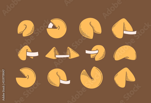 Chinese fortune cookies vector illustration. Chinese New year dessert prophecy cookie in doodle style.