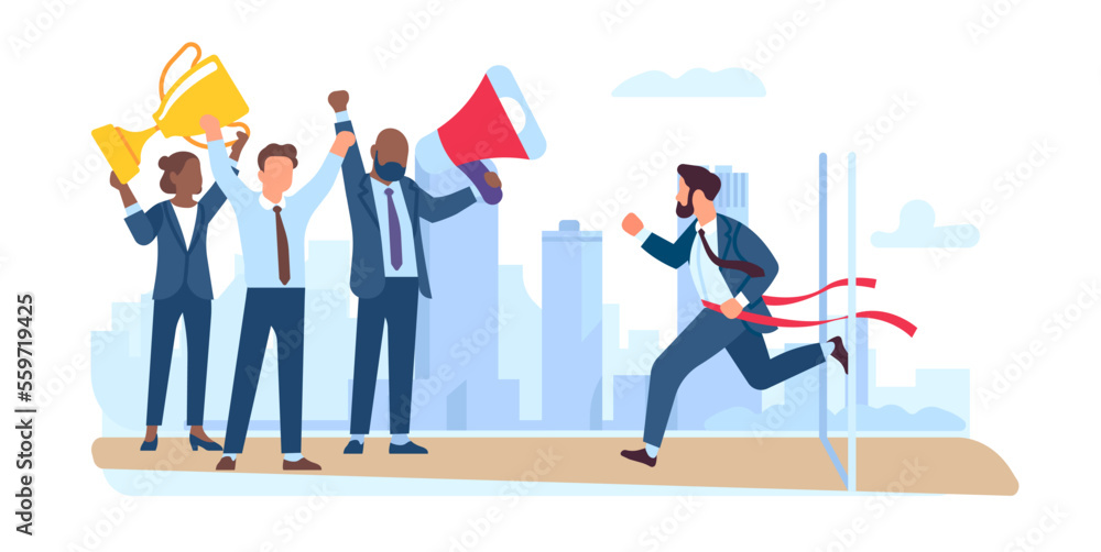 Running man crosses finish line. Business competition. Entrepreneurs leadership. Employees achievement. Worker sprinting to winners award. Colleagues celebrating victory. Vector concept Running man crosses finish line. Business competition. Entrepreneurs leadership. Employees achievement. Worker sprinting to winners award. Colleagues celebrating victory. Vector concept