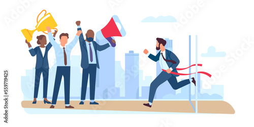 Running man crosses finish line. Business competition. Entrepreneurs leadership. Employees achievement. Worker sprinting to winners award. Colleagues celebrating victory. Vector concept
