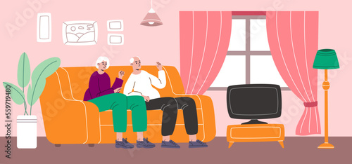 Senior people with gadget in room. Grandma and grandpa watching TV in cozy interior. Old persons leisure. Television broadcasting. Home entertainment. Elderly couple. Vector concept