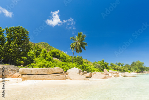 Anse Takamaka beach on Praslin Island in Seychelles