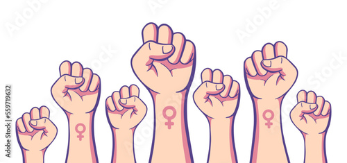 Feminist womens demonstration, revolution, protest raised arm fist Fight for Your Rights banner. Arm silhouette vector illustration.