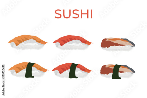 Sushi, traditional Japanese food. Asian seafood group. Template for sushi restaurant, cafe, delivery or your business.