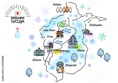冬の滋賀県の観光地のシンプル線画イラストマップ